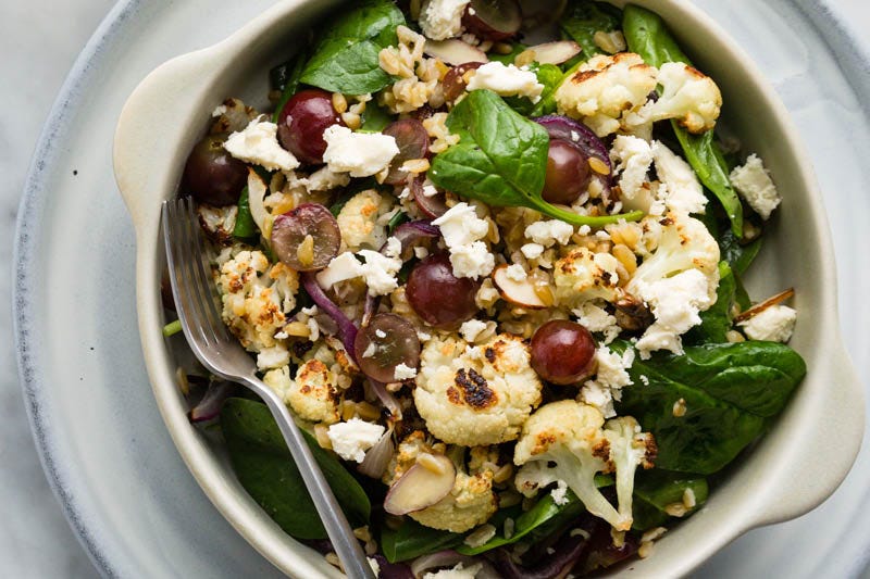 Freekeh Salad with Grapes, Feta & Cauliflower