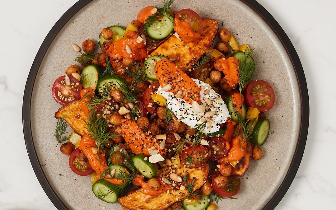 Greek Chickpea Loaded Kumara with Roasted Pepper & Walnut Sauce