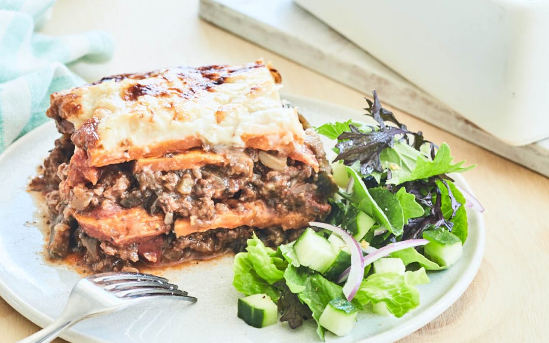 Kumara and Beef Lasagne with Creamy Cauliflower Cheese Sauce