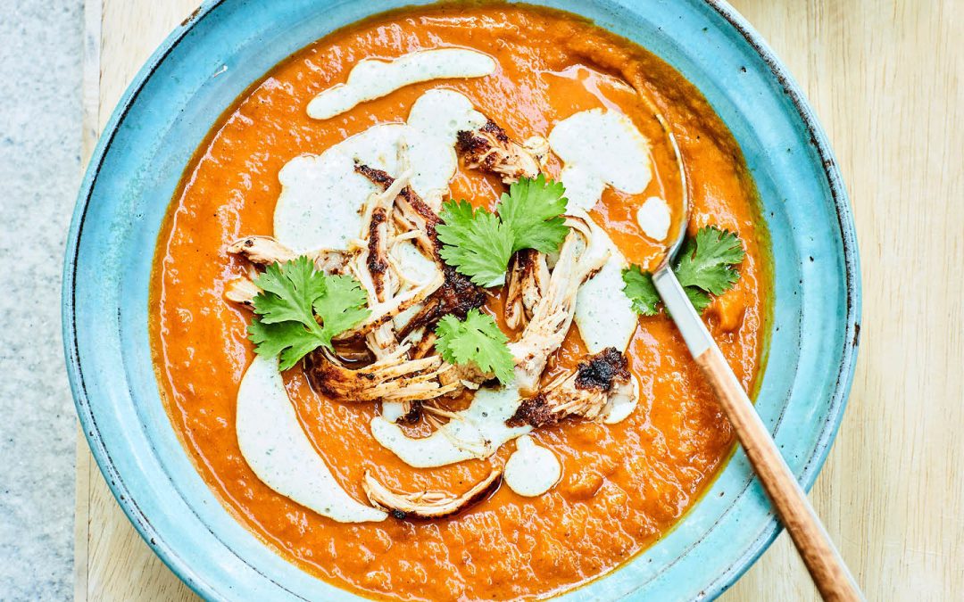 Butter Chicken Soup with Roasted Root Vegetables, Coconut and Mint and Lime Yoghurt