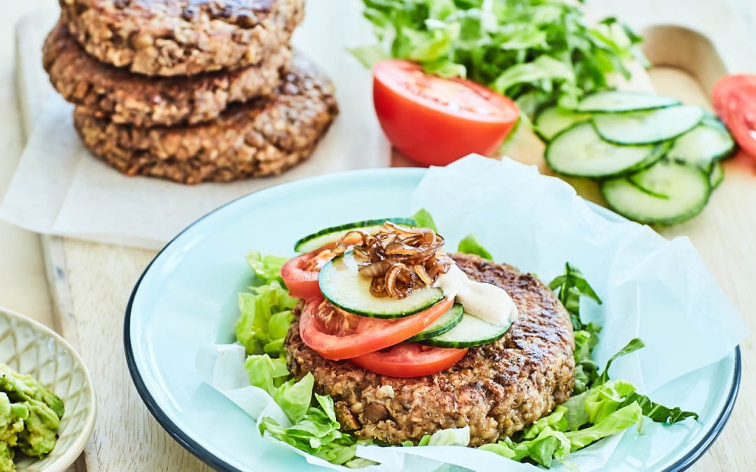 Lentil and Cashew Burgers with Caramelised Onions, Avo Smash and Creamy Chipotle