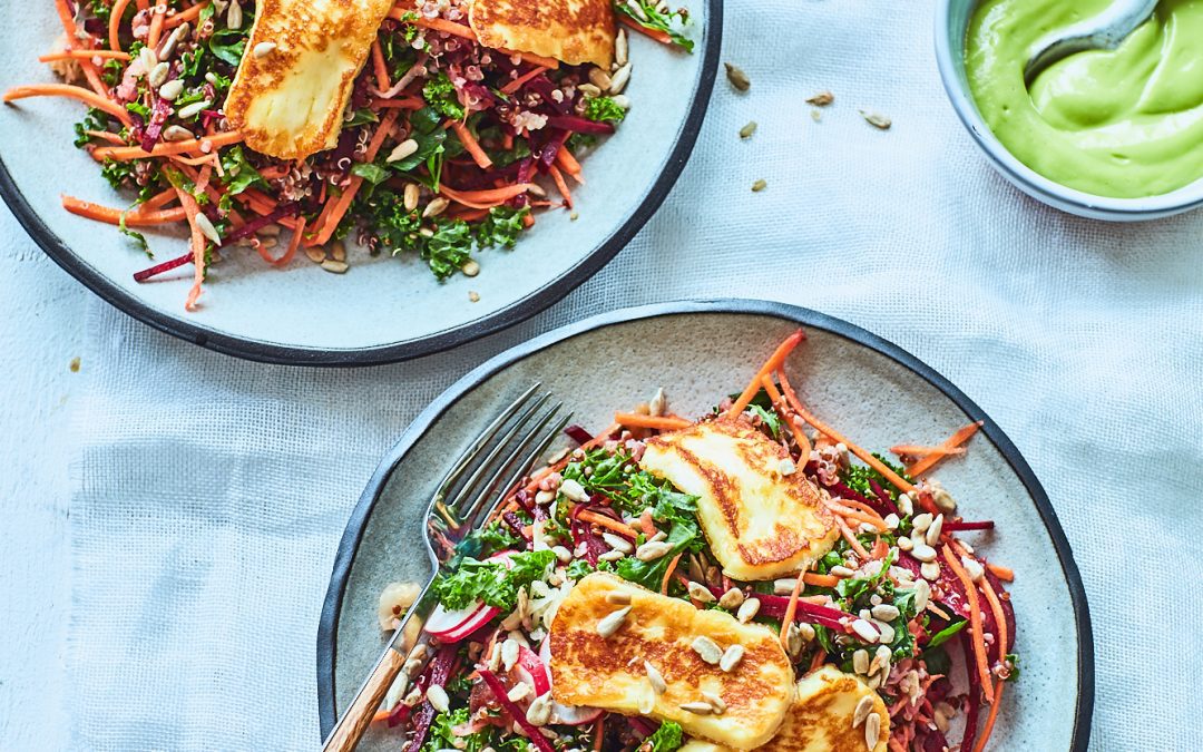 Superfood Salad with Pan-Fried Halloumi and Avocado Dressing