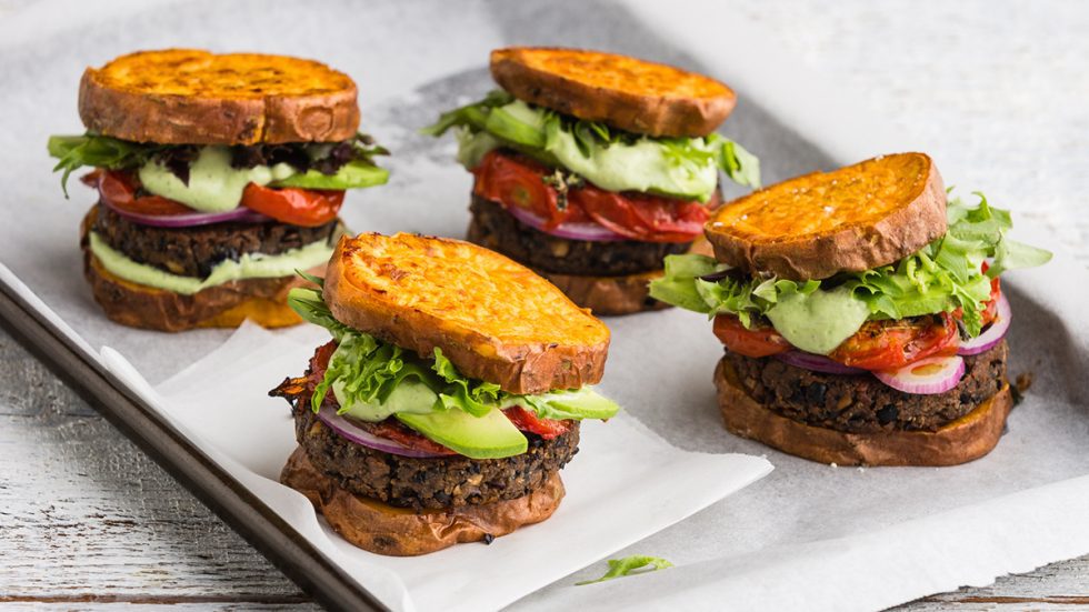 Black Bean Burgers With Kumara 'Buns', Oven-Roasted Tomatoes & Rocket ...