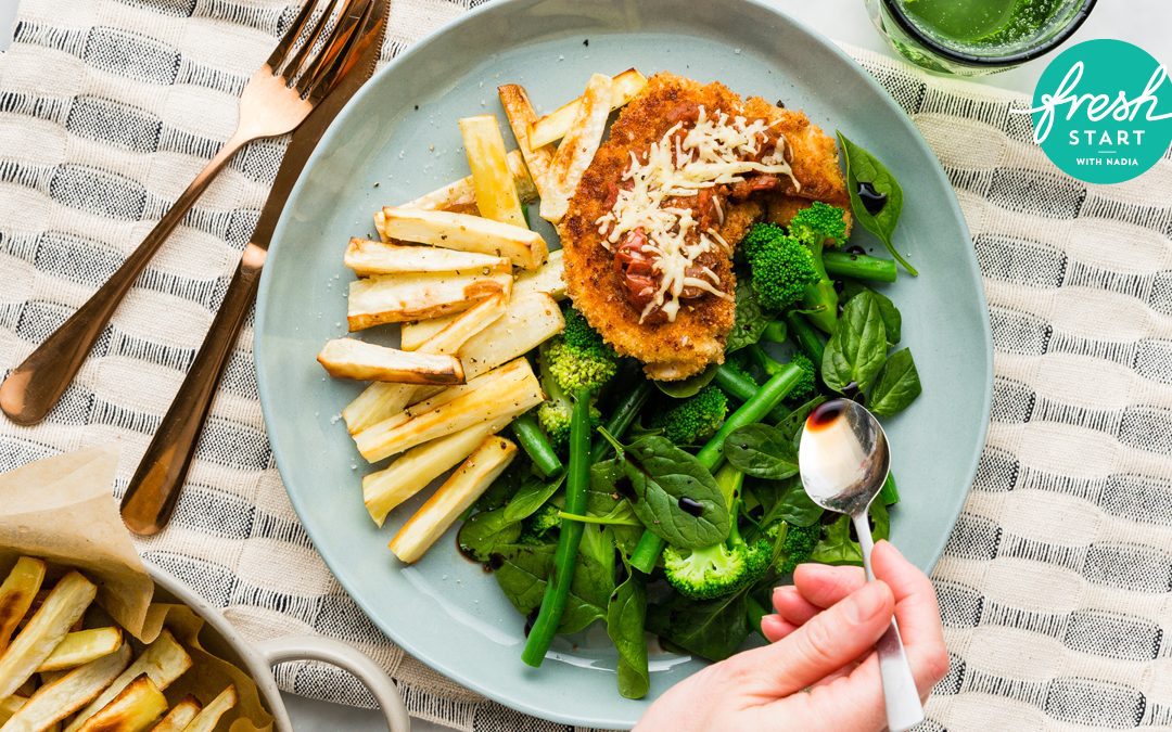 Bruschetta Chicken with Parsnip Chips & Balsamic Greens