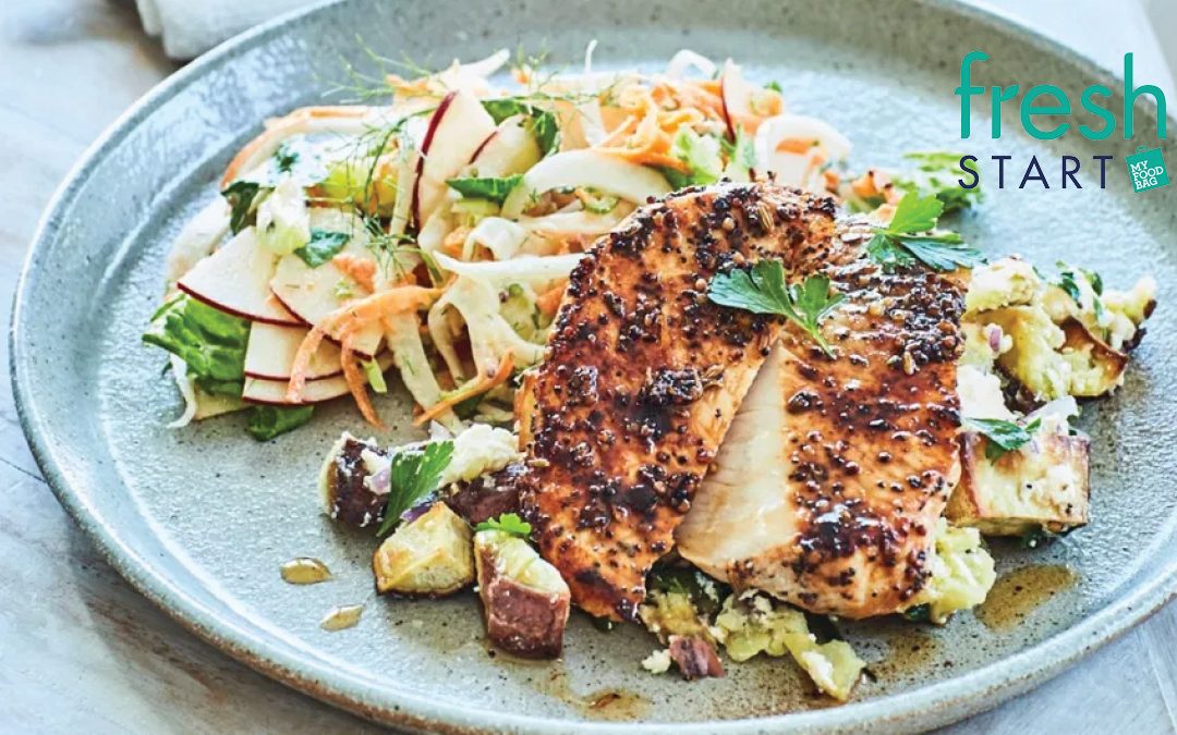 Lemon Honey Pork with Kumara Feta Crush and Apple Fennel Salad