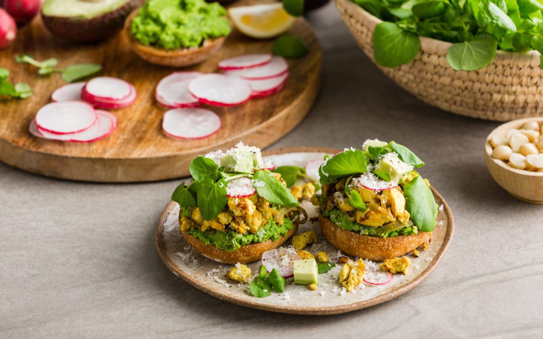 Caramelised Onion Scrambled Tofu with Minty Crushed Peas & Spring Veggies