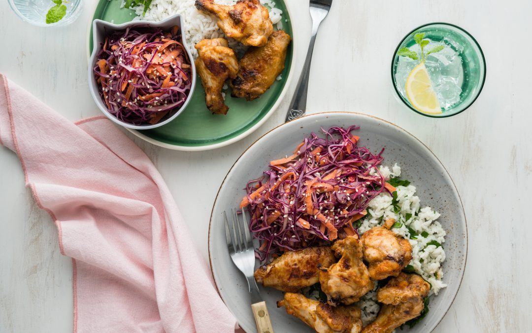 Sticky Thai Chicken Nibbles with Slaw & Coconut Rice