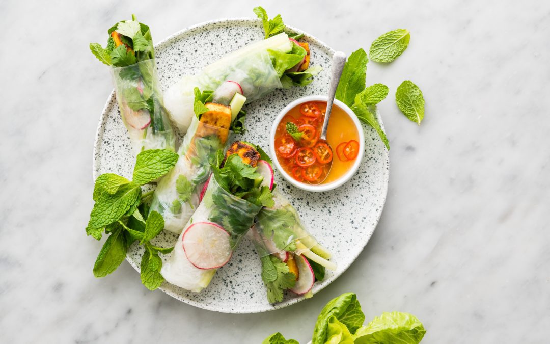 Sticky Turmeric Tofu Spring Rolls with Nuoc Cham Dipping Sauce