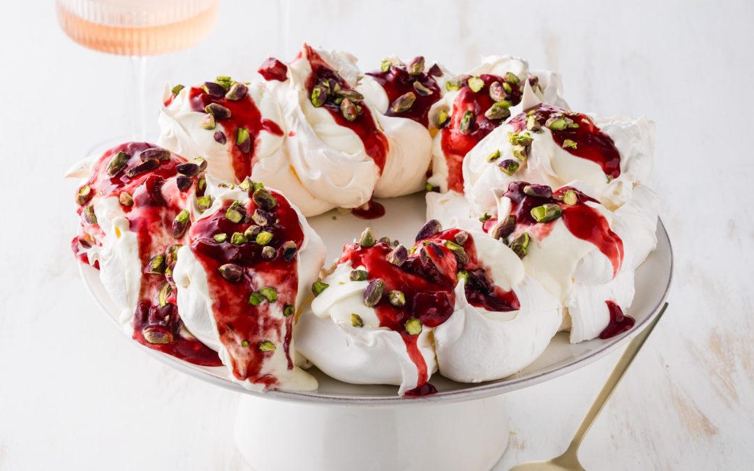 Pavlova Wreath with Plum & Rhubarb