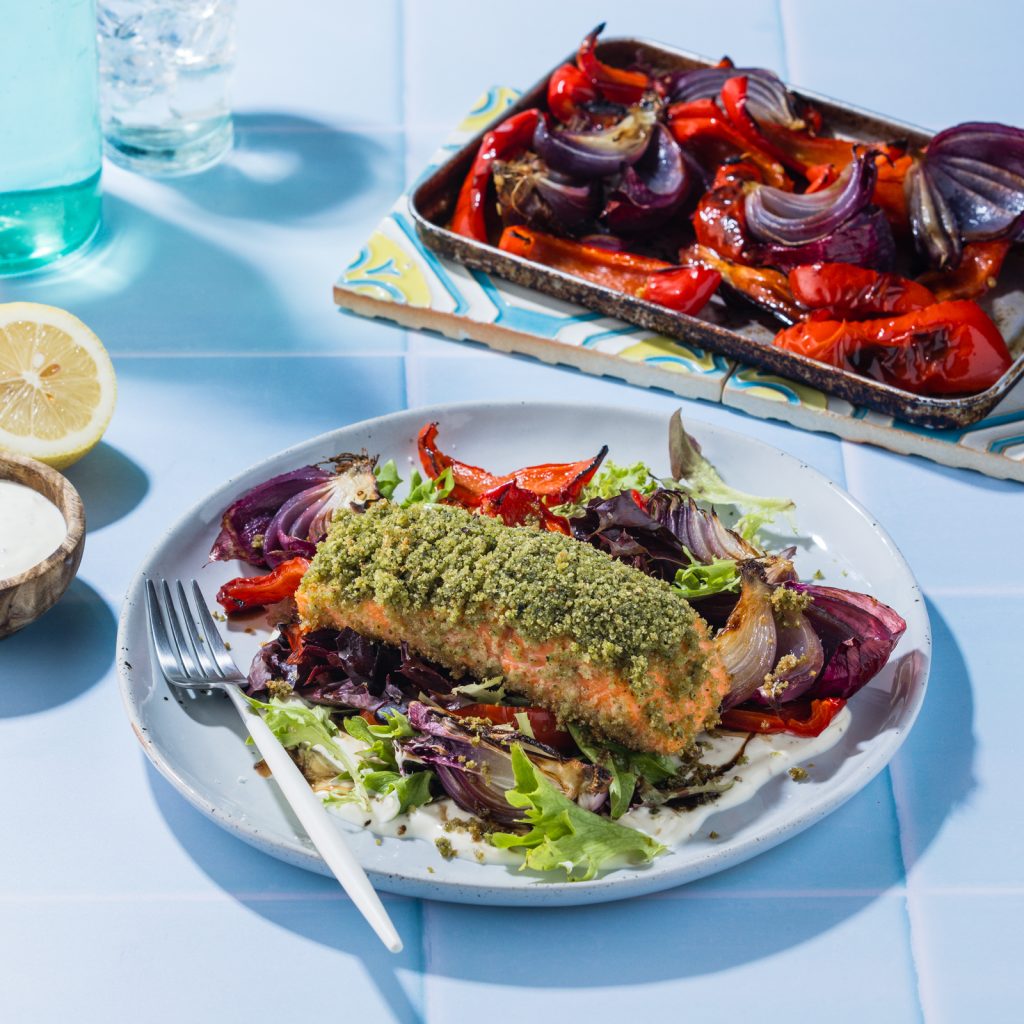 FS Baked Pesto Crumbed Salmon with Roasted Capsicum Zesty Yoghurt 4