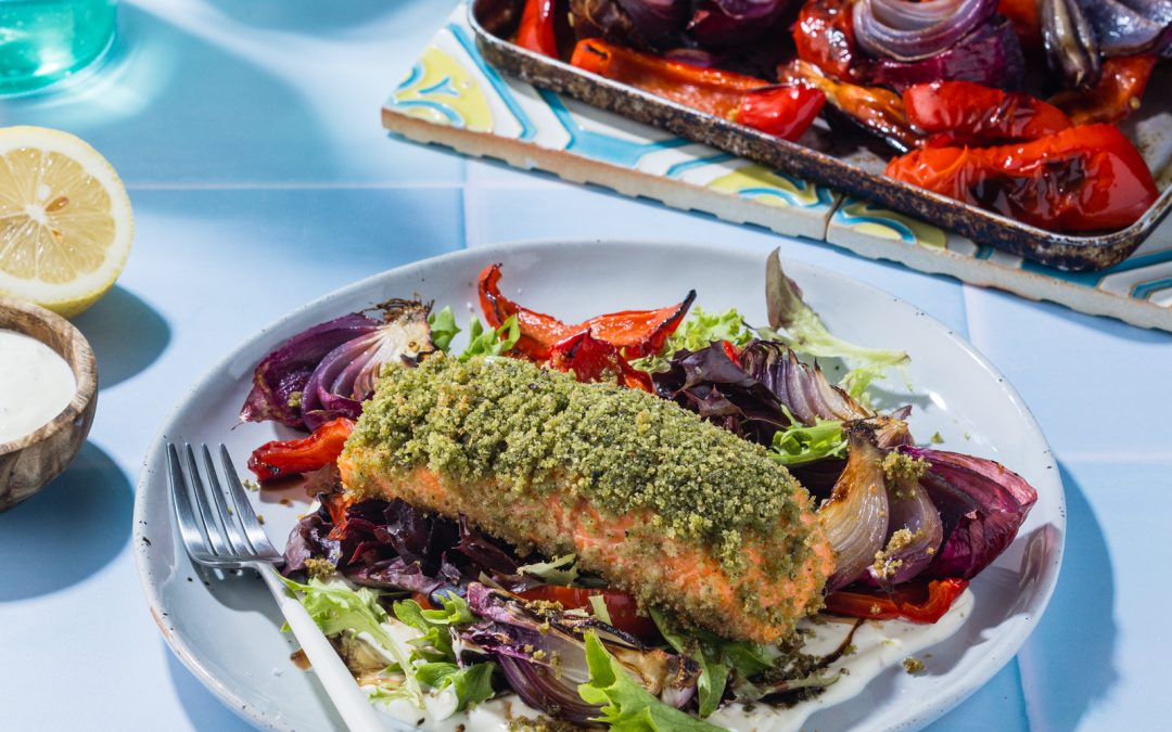 Baked Pesto Crumbed Salmon with Roasted Capsicum and Zesty Yoghurt