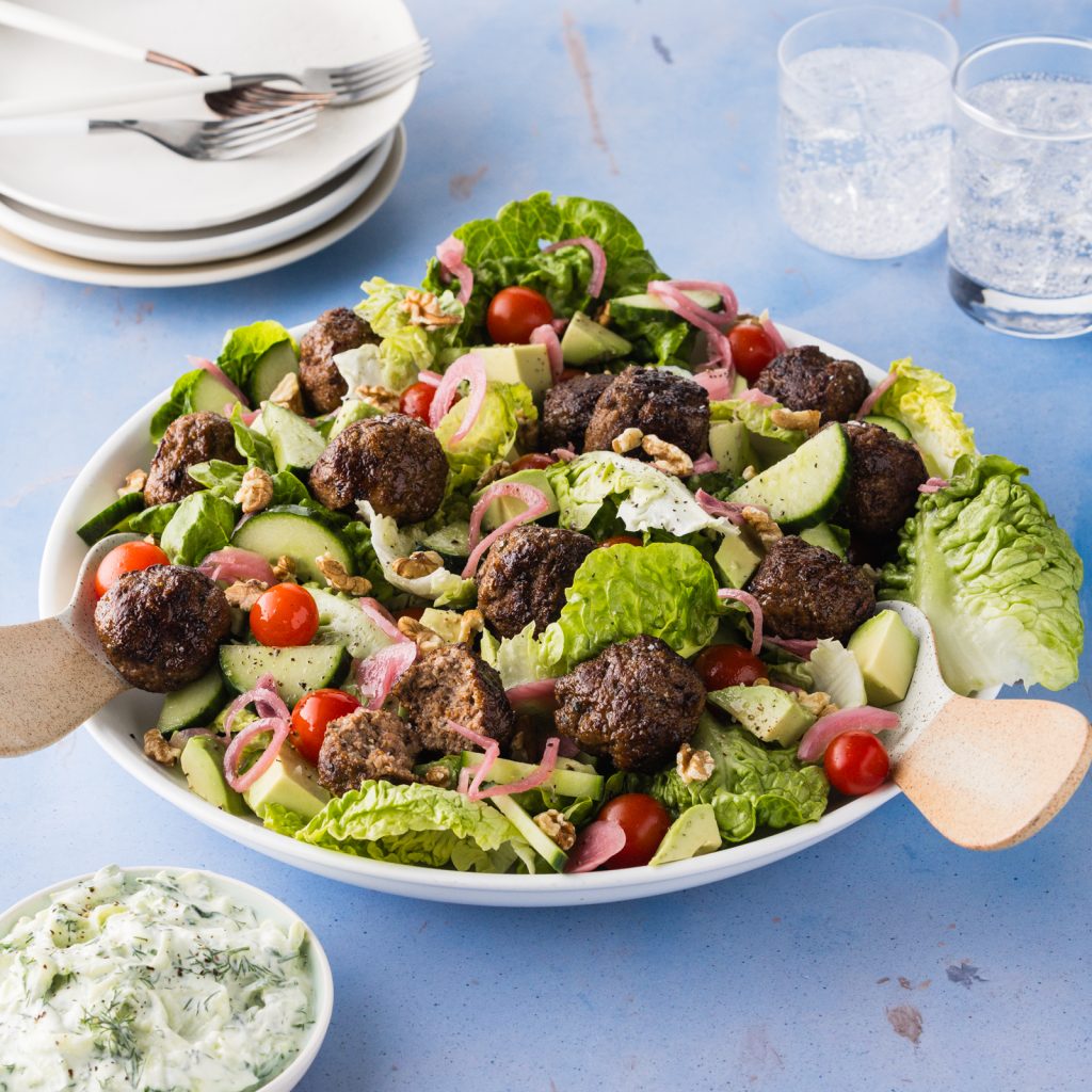 FS Mediterranean Spiced Beef Meatball Salad with Cherry Tomatoes Tzatziki 1