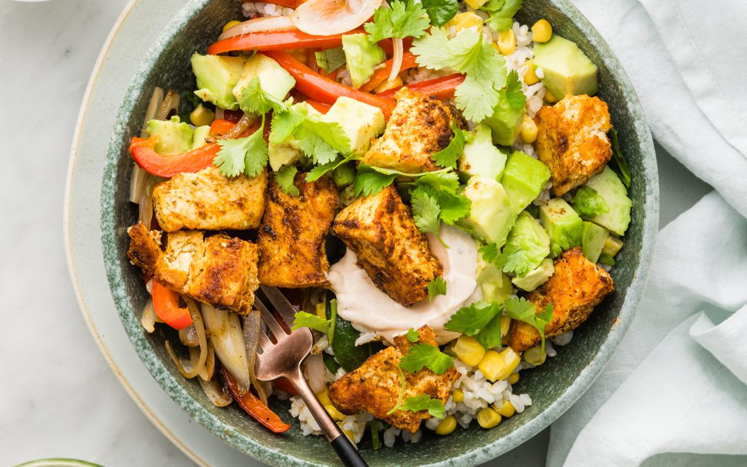 Smoky Tofu Fajita Bowl with Guacamole and Coriander