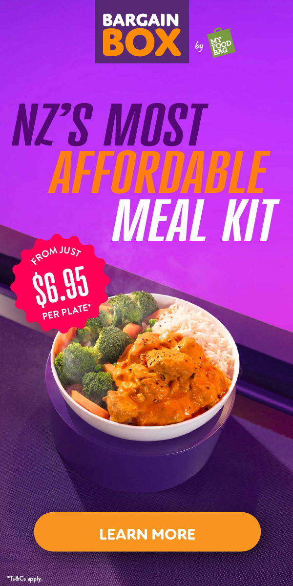 Bargain Box Side Banner Bargain Box meal kit with the caption "NZ's most affordable meal kit".