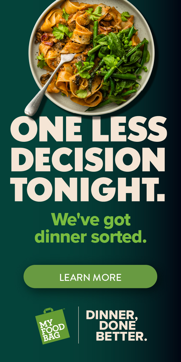 My Food Bag Side Banner My Food Bag meal kit featuring fresh pasta and green vegetables with the message “One less decision tonight.”